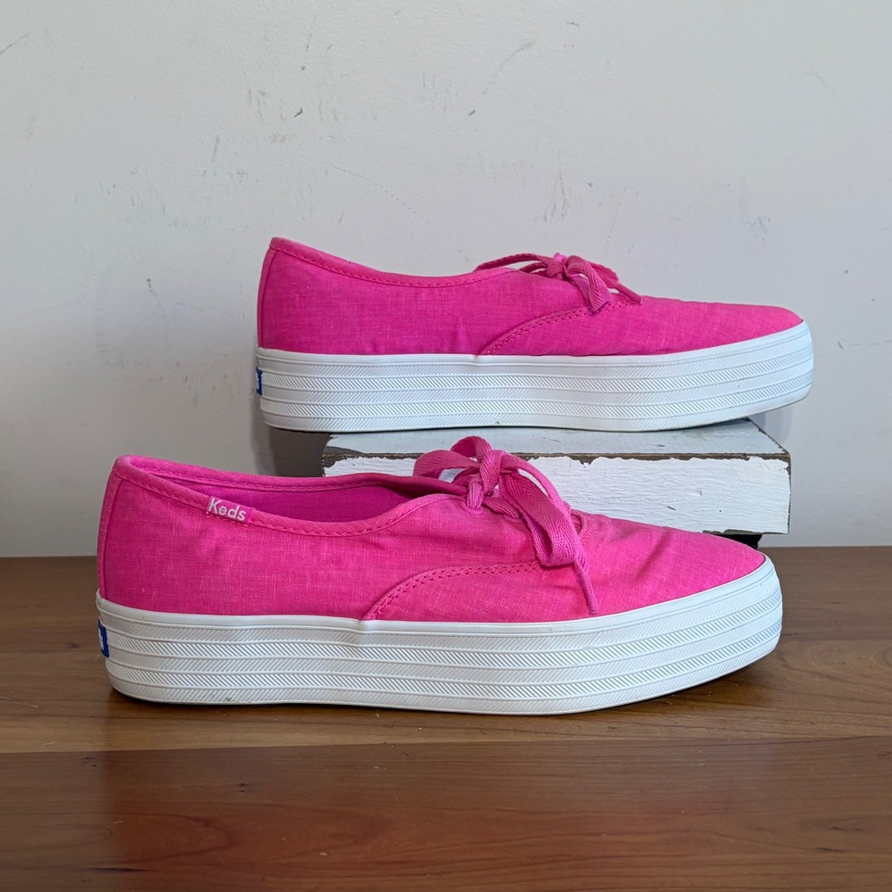 Keds Triple Up Neon Pink Linen Platform Sneakers WF67959 Womens 7